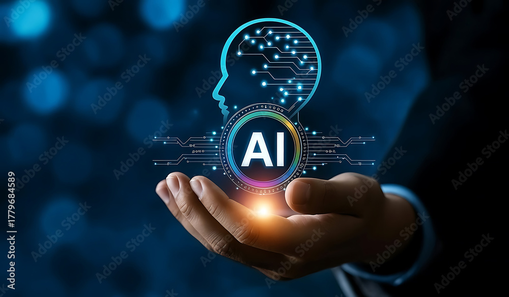 Fototapeta premium Artificial Intelligence Innovation Concept – Glowing AI Brain and Circuit Design in Human Hand on Futuristic Technology Background