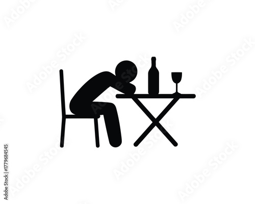 Silhouette Depicts Person Asleep at Table with Wine Bottle and Glass