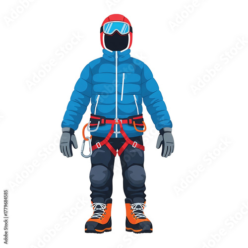 Mountaineer dressed in extreme cold weather gear, including a blue down jacket, harness, and red hat, isolated on white background