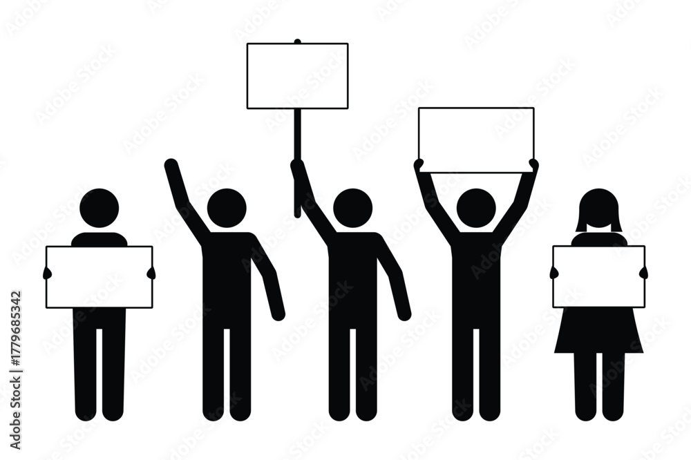 Fototapeta premium Silhouette of Protesting Crowd Vector Icon Set 