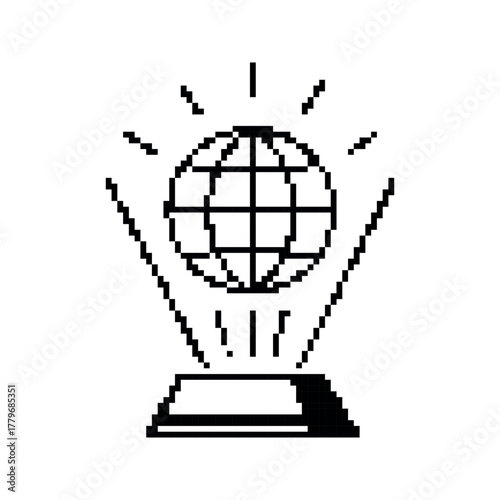 A pixelated rendering of an outstretched human hand with robotic appearance on white