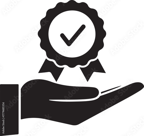 Quality service glyph icon with hand holding a gear badge representing technical support standard excellence and certified process management
