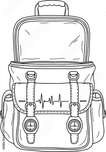 Backpack technical drawing, travel bag line art, vector illustration with zipper pockets and buckle straps, cad fashion accessory sketch design