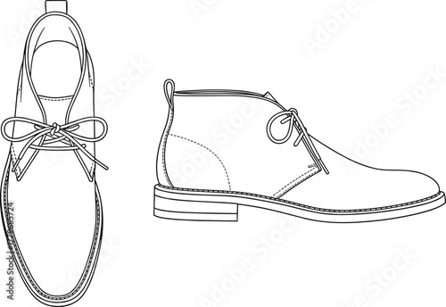 Chukka boots, footwear design, technical shoe sketch, CAD drawing, fashion illustration, leather boot outline, vector template, shoemaking blueprint, stylish footwear, side view