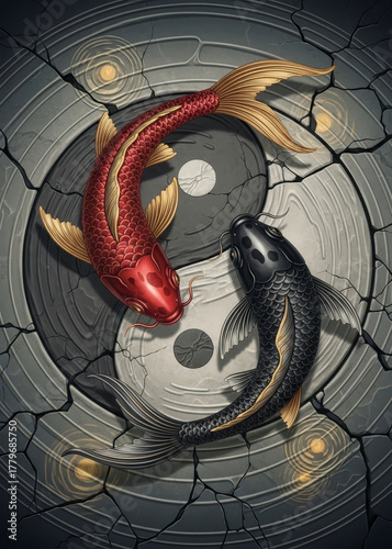 a red and black koi fish swimming in a circular stone pond with gold accents and natural lighting an