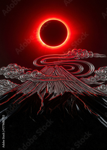 a red sun is setting over a mountain with clouds and a red glow on the horizon with a black backgrou