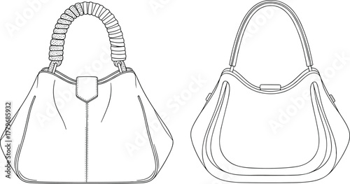 Handbag design, fashion accessory, CAD drawing, technical sketch, leather bag illustration, vector template, stylish purse outline, product design, fashion illustration, side view