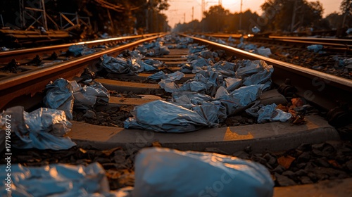 Railway tracks cluttered with plastic waste reflect environmental neglect in natural daylight