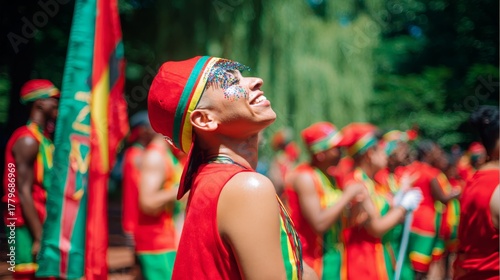 Celebration of freedom at Caribbean parade during Emancipation Day with vibrant dancers and lively crowd in daylight