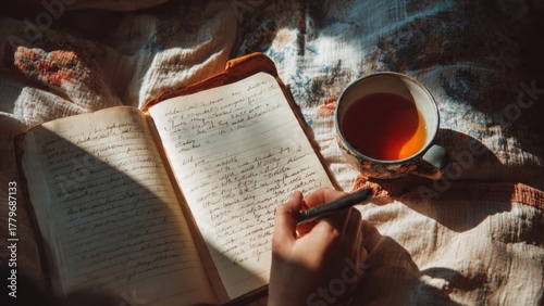 Over-the-shoulder shot of a person journaling on paper, pen in hand, cup of tea near notebook, cozy morning sunlight, high detail texture.
