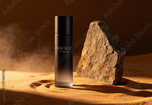 Luxury Perfume Packaging Template with Stone Framing and Sand Ripples