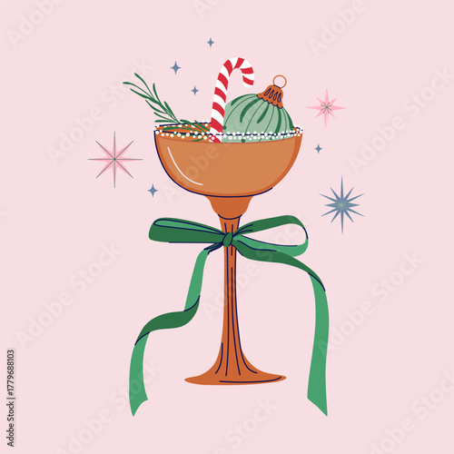 Chic Christmas cocktail with festive bauble, candy cane and coquette bow. New Year Eve champagne or martini glass. Happy Holidays greeting card. Hand drawn vector illustration.
