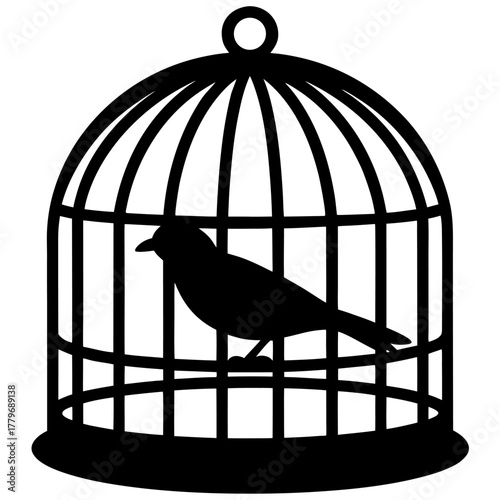 Striking black silhouette of a lonely bird confined within the bars of a cage symbolizing restriction and longing for freedom