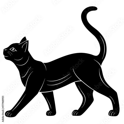 Elegant black silhouette illustration of a graceful cat stretching out its body in a fluid motion perfect for pet themed designs