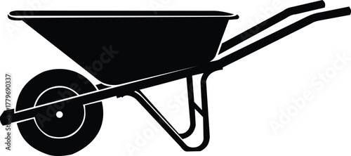 A simple black silhouette icon of a wheelbarrow on a white background