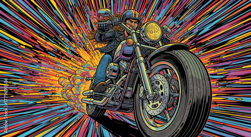 Vibrant Psychedelic Biker on Motorcycle Speeding Illustration