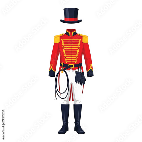 Ringmaster costume with red jacket, top hat, white pants, and whip isolated on white background