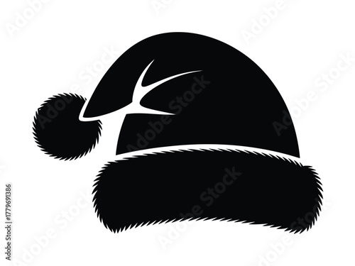 A black silhouette of a Santa hat with a white trim and pom-pom sits on a white background.