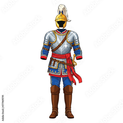 Medieval knight armor with helmet, sword, and red sash isolated on white background