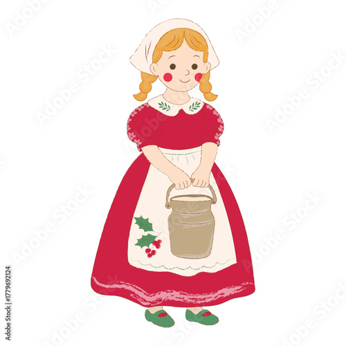 Adorable vintage illustration of a smiling milkmaid in a red dress and white apron carrying a milk pail, evoking a charming rustic and nostalgic feel. Vector art