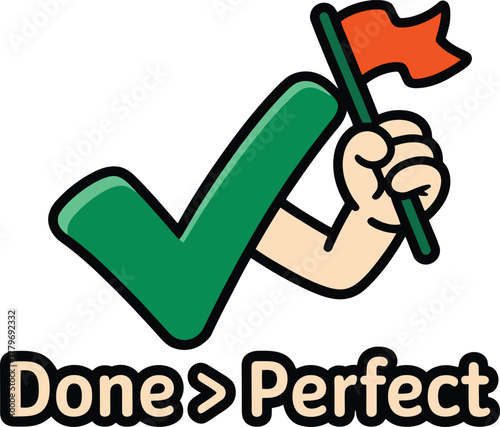 Minimalistic illustration of a human hand holding a large green checkmark and orange banner done is better concept