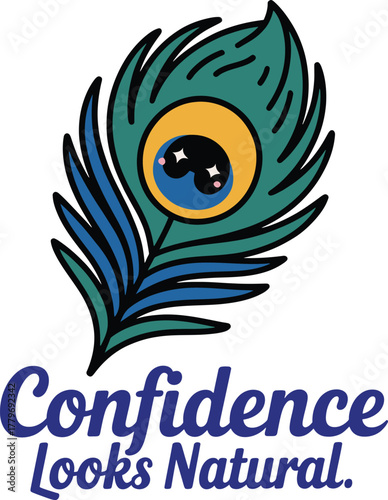 Peacock feather with wide staring eyes and confidence looks natural motivational text