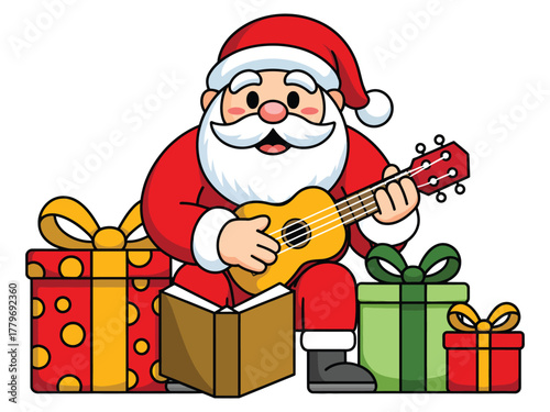 Santa Claus plays a ukulele surrounded by Christmas gifts, bringing joy and music.