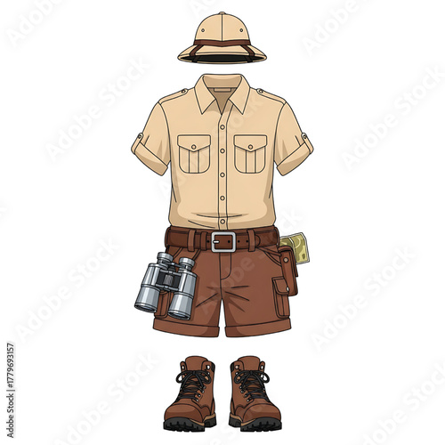 Safari explorer outfit with pith helmet, shorts, and binoculars, isolated on white background