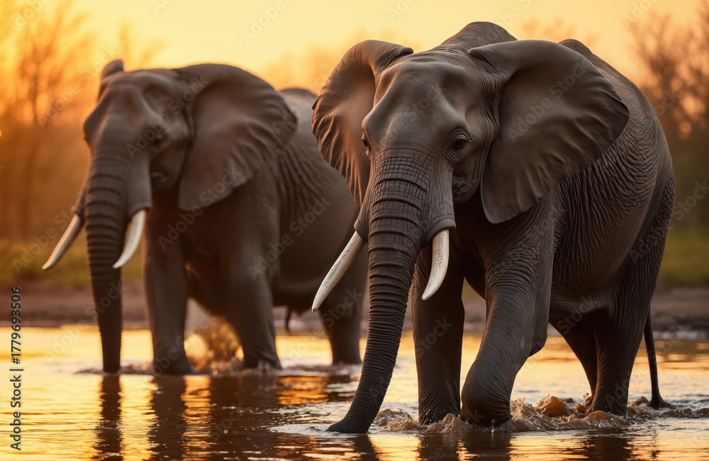 Fototapeta premium Two large African elephants wade through calm river water at golden sunset. Wild animals step slowly, enjoying warm light. Move through watering hole during safari adventure in wild nature habitat in