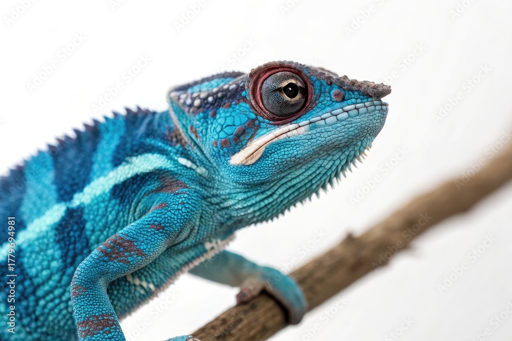 Fototapeta premium Vibrant Blue Chameleon Perched on a Branch Against a Neutral Background