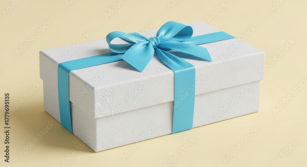 Obraz premium Elegant white gift box tied with a vibrant blue ribbon and bow