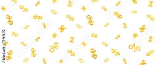 3d flying yellow percent signs discount with blur effect and different angles. Voucher gift. Stock vector illustration on isolated background.