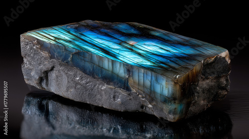 A polished piece of labradorite stone displaying vibrant blue and green iridescence. The rock has a rough texture and dark base, set against a black background.