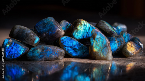 A collection of polished labradorite stones displaying vibrant blue and gold iridescence. The stones are arranged on a reflective surface, showcasing their unique patterns.