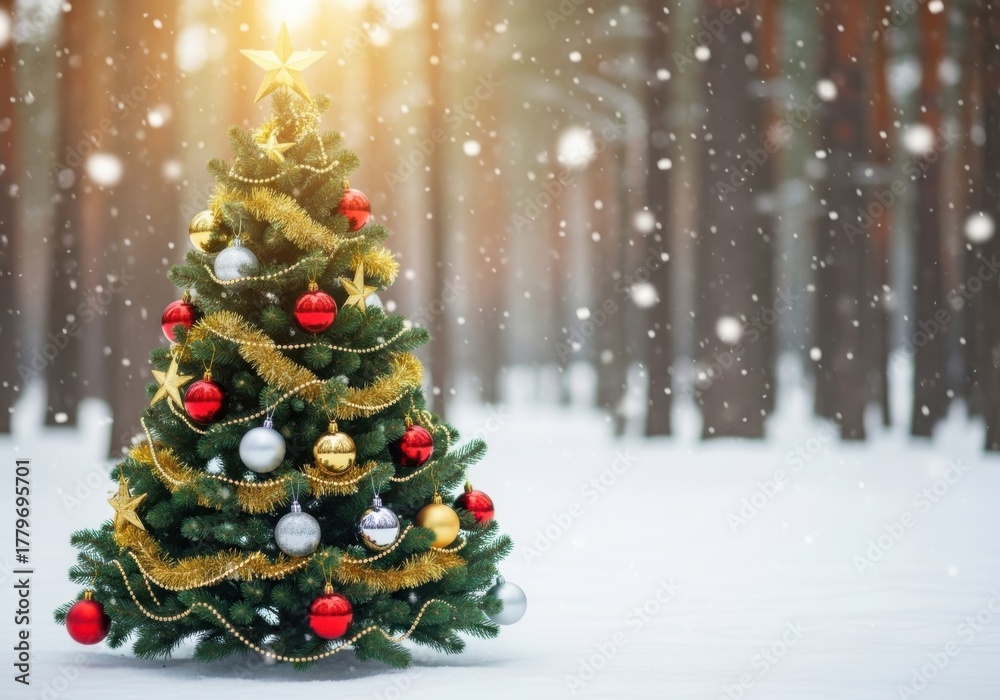 Obraz premium Decorated christmas tree in a snowy forest with falling snow