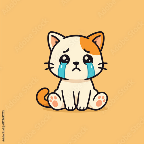 Miserable Meow: A cute cartoon cat, eyes brimming with tears, sits with a look of utter despair, conveying feelings of sadness.