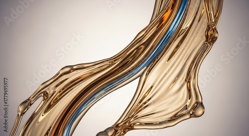 Flowing liquid with a metallic sheen, featuring amber and blue hues, against a neutral gradient background. The composition emphasizes curves and reflections.