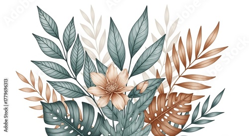 A floral arrangement featuring teal and brown leaves with a peach-colored flower and bud against a white background.