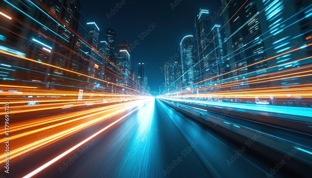 Fototapeta premium Dynamic night city street features futuristic skyscrapers with fast moving light trails. Bright orange, blue motion blur lines emphasize high speed data transfer, global tech communication, modern