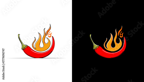 A red chili pepper on fire graphic with contrasting white and black backgrounds