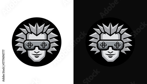 Two versions of a gamer icon, stylized face with controller glasses, on black and white