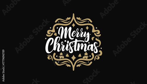 White cursive "Merry Christmas" text within a gold ornate design on black background