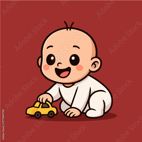 Playful Infant: A cheerful infant, captivated by a toy car, brings smiles and embodies the pure joy of childhood