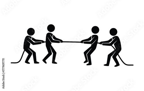 Black Silhouettes of Two Teams Engaging in a Tug of War on White
