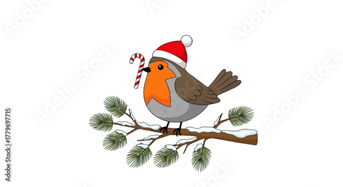 Playful Robin with Candy Cane: Charming Doodle Art for Christmas Media