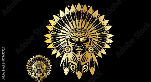 Golden native american chief head with headdress on a black background design art
