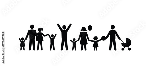 Illustrated Silhouette of a Family with Children, Baby Stroller, and Balloon on White