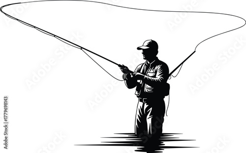 Fly fishing man casting rod in river, outdoor fisherman silhouette vector illustration for adventure sport, recreation hobby, camping and nature design artwork