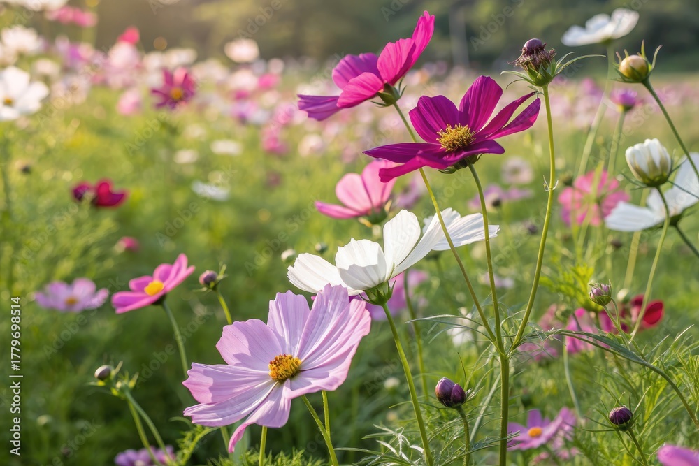 Fototapeta premium Vibrant Cosmos Flowers Bloom in a Sunny Park During Late Afternoon