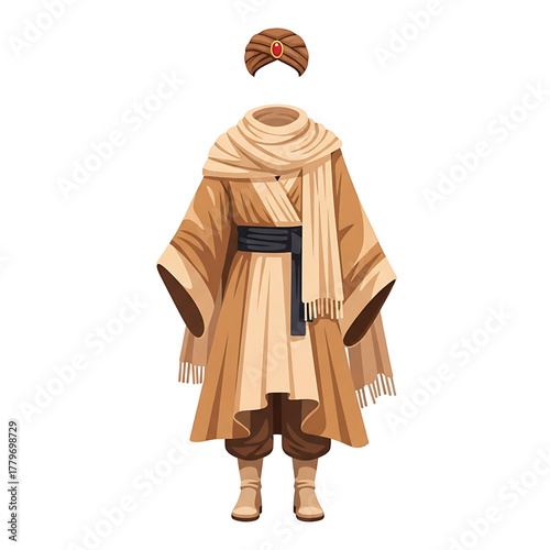 Full view of a traditional desert robe and turban outfit with a flowing scarf, isolated on white background